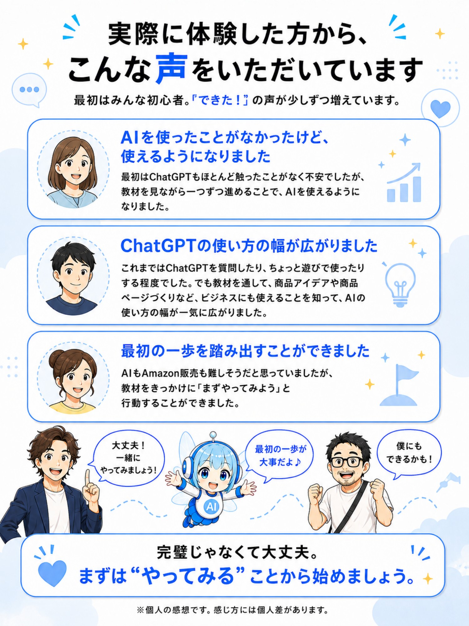 AIを使えるようになった、使い方の幅が広がった、最初の一歩を踏み出せたという体験談を掲載。個人の感想です。