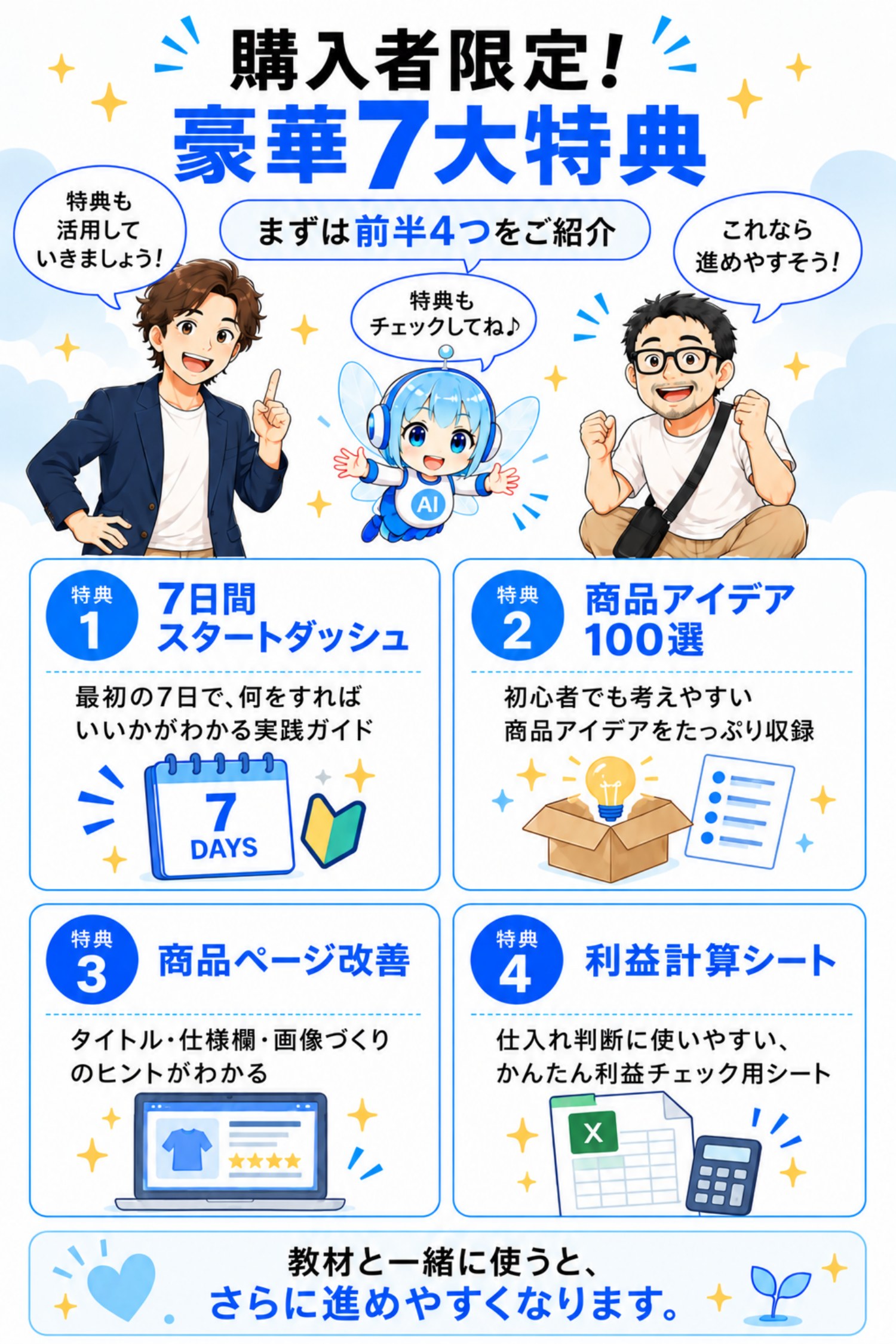 特典１：７日間スタートダッシュ。特典２：商品アイデア100選。特典３：仕入れる前の確認チェックリスト30。特典４：利益計算シート。