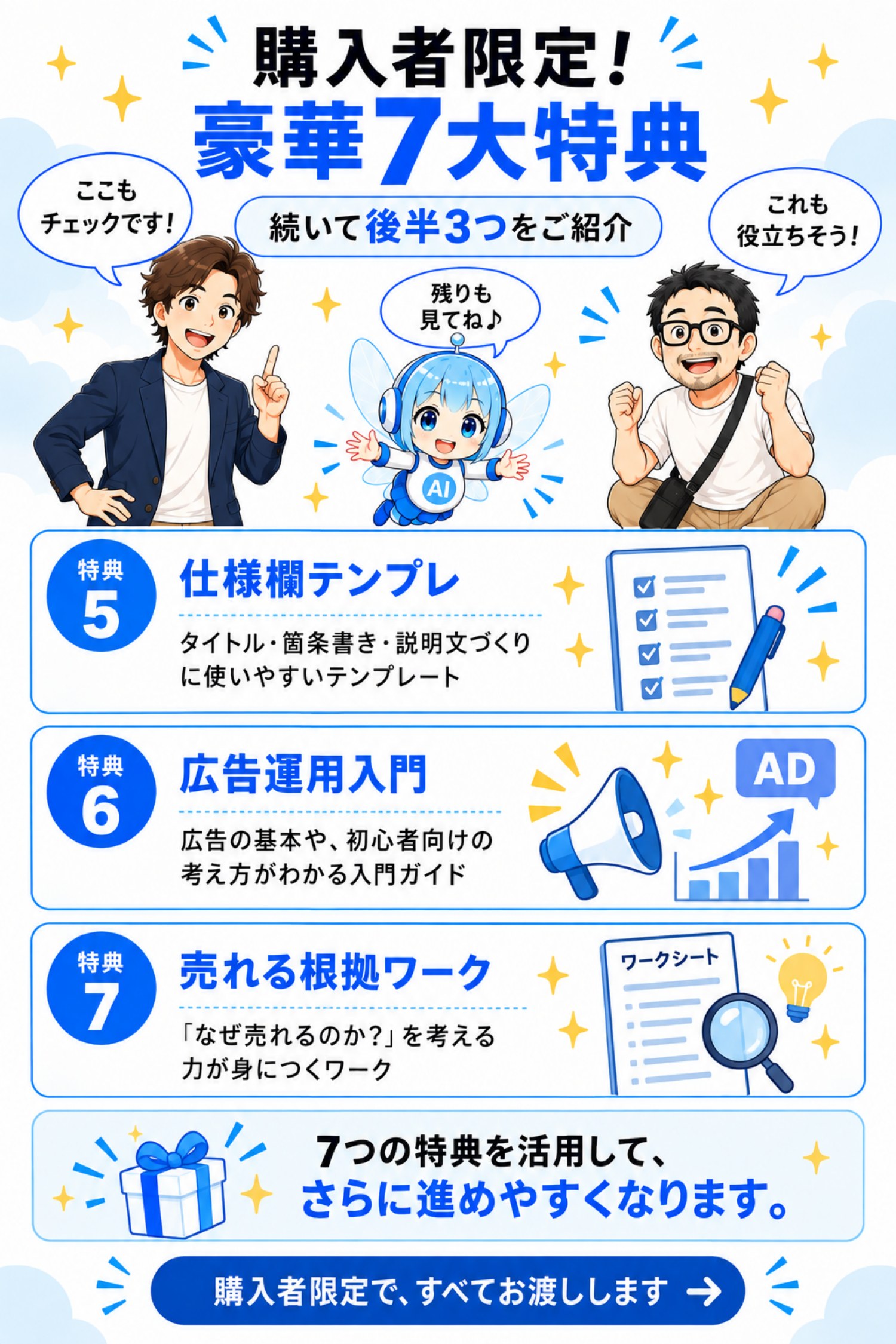 特典５：売れる商品ページの完成見本集。特典６：Amazon商品画像7枚の構成テンプレート。特典７：Amazon販売の失敗事例30。