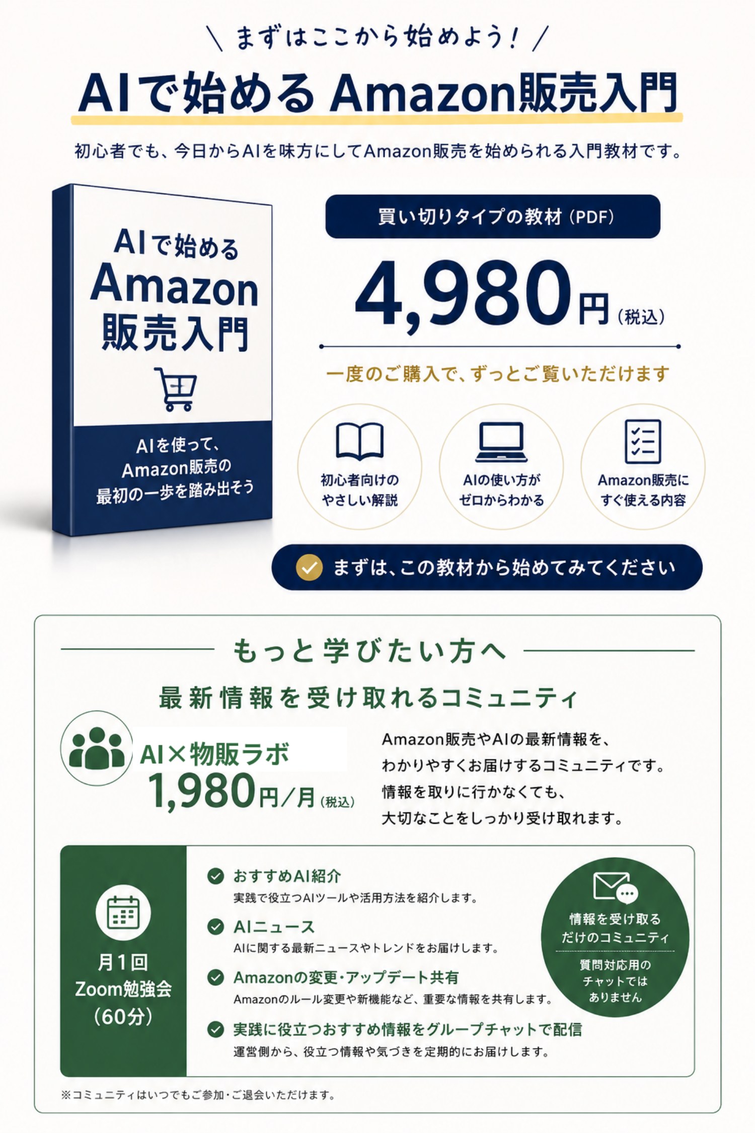 教材は買い切り4,980円（税込）。AI×物販ラボは希望者が別途申し込む有料サービスです。